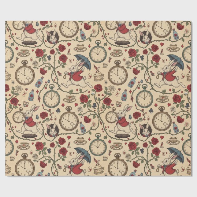 Papel De Presente Alice inspirou coelho branco, relógios e rosas (Aberto)