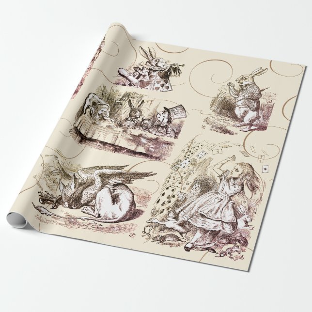 Papel De Presente Alice no País das Maravilhas, Beige Dourado (Desenrolado)