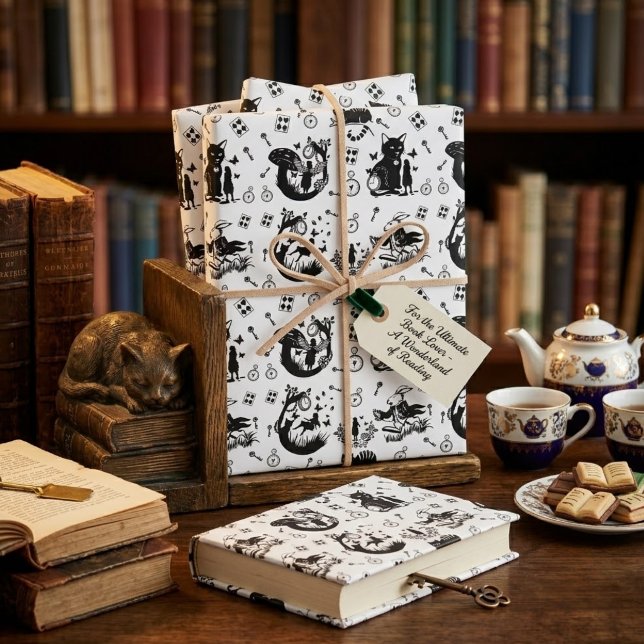 Papel De Presente Alice no País das Maravilhas Design Preto e Branco (Criador carregado)
