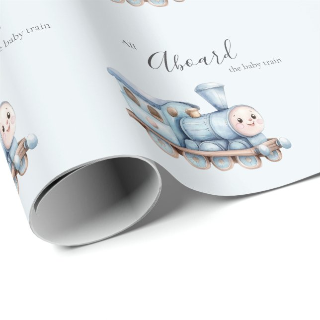 Papel De Presente All Aboard the Baby Train Blue Boy Baby Shower (Ponta do rolo)