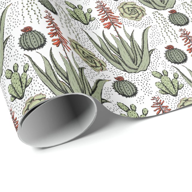 Papel De Presente Aloe Vera Suculento Cacto Branco (Ponta do rolo)