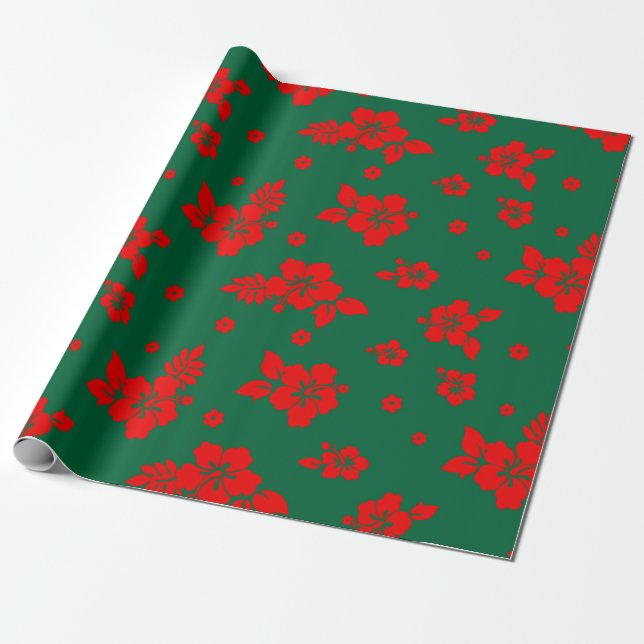 Papel De Presente Aloha Hawaii Red sobre Padrão Verde de Natal (Desenrolado)