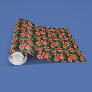 Papel De Presente Aloha Ula Padrão Floral de Hibisco Vermelho