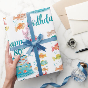 Papel De Presente Amante da Pesca Aniversário de 80 anos Aquarela