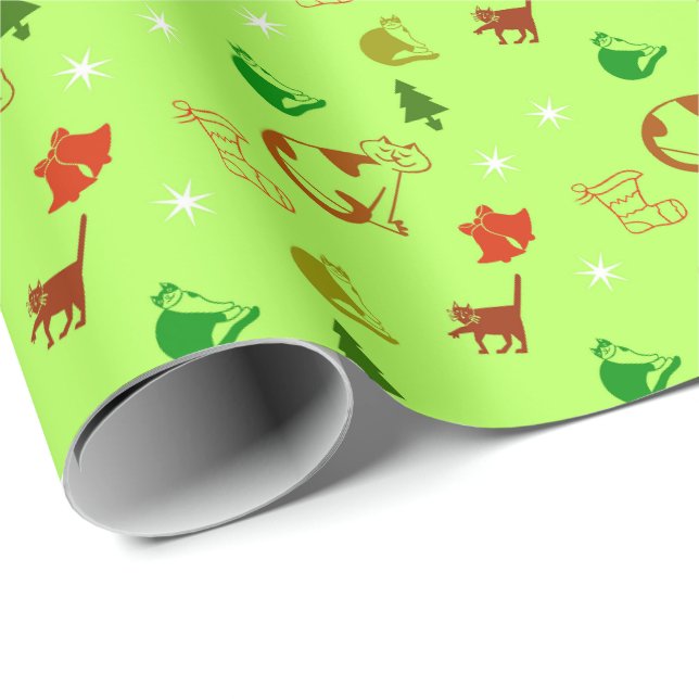 Papel De Presente Amante de Gato Verde Natal   (Ponta do rolo)