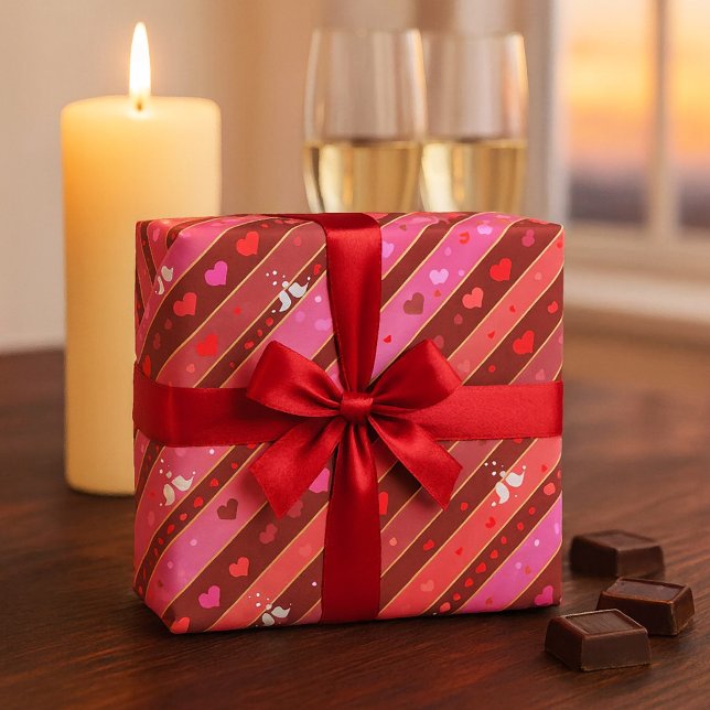 Papel De Presente Amar Pássaros Corações Padrões de Namorados Papel  (Valentine's Day wrapping paper featuring a striped pattern in pink and red, with cute love birds)