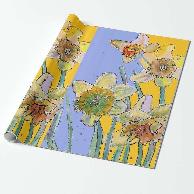 Papel De Presente Amarelo Daffodil Flores roxas de primavera Aquarel (Desenrolado)