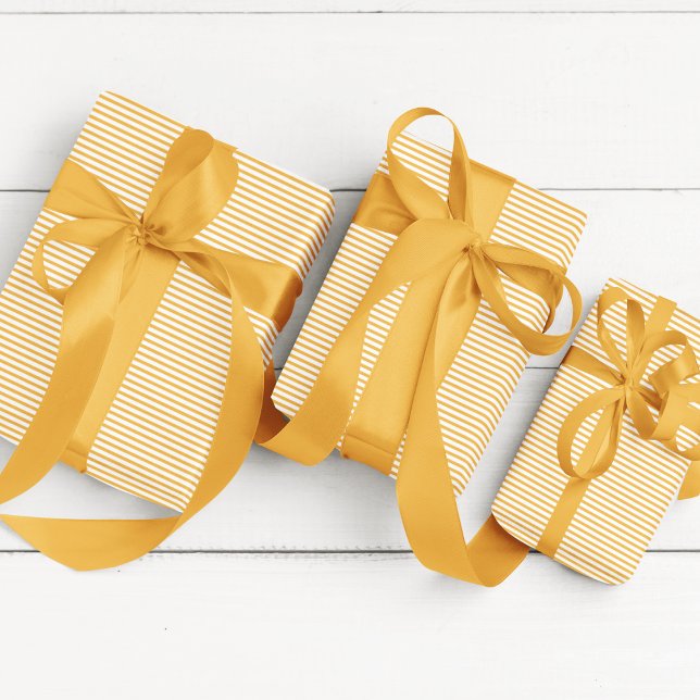 Papel De Presente Amarelo de girassol elegante com risca fina (Elegant Striped Sunflower Yellow and White Wrapping Paper. Chic Fall Color for Autumn Birthday)