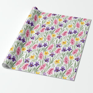 Papel De Presente Amarelo de Narciso, Roxo de Íris, Floral Rosa de J