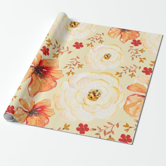 Papel De Presente Amarelo Laranja Molar Floral (Desenrolado)