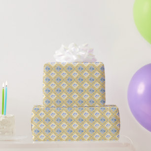 Papel De Presente Amarelo Manteiga Azul Floral Elegante Vintage País