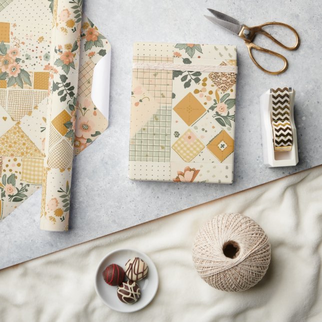 Papel De Presente Amarelo Pastel Quiltado Gingham Bolinhas  (Artesanato)