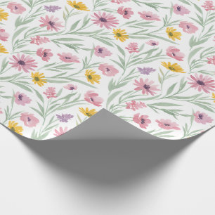 Papel De Presente Amarelo Rosa Roxo Floral Aquarela Primavera Verão