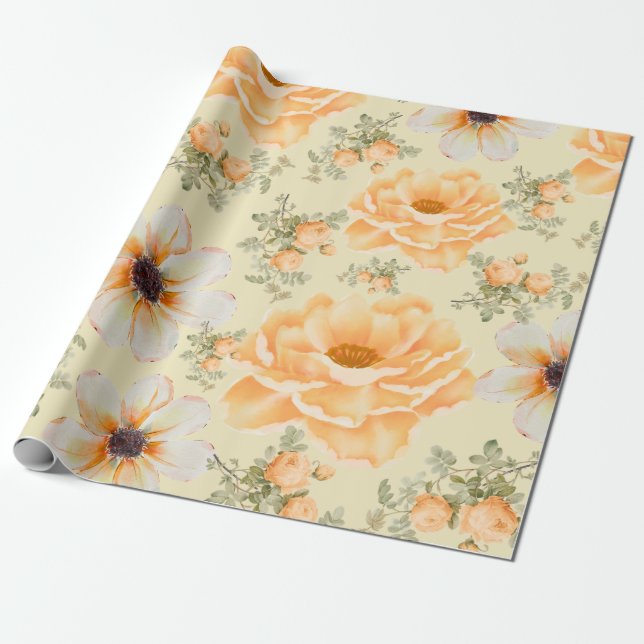 Papel De Presente Amarelo Verde Aquarela Floral (Desenrolado)