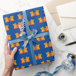 Papel De Presente Ame Gatinhos Laranja Fofos em Fundo Azul
