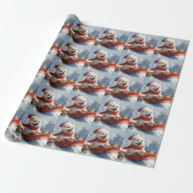 Papel De Presente American Eskimo em Trineo Deixe Nevar Natal (Desenrolado)