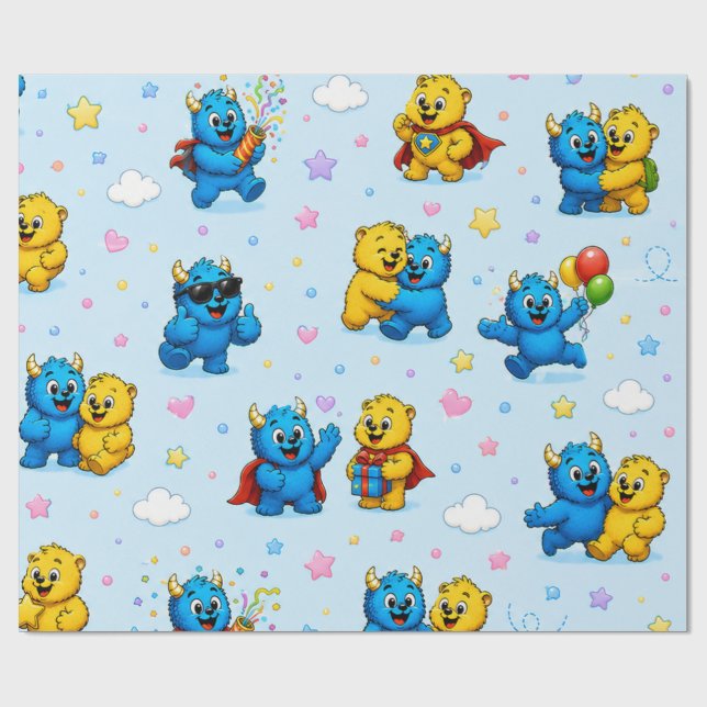 Papel De Presente Amigos Monstros Divertidos Padrão Estrelas e Nuven (Aberto)