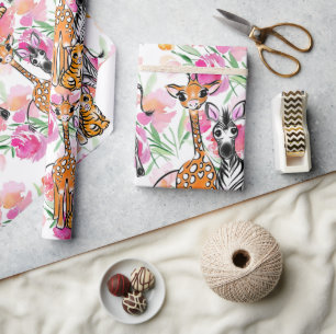 Papel De Presente Amigos Safari, girafa, zebra, tigre