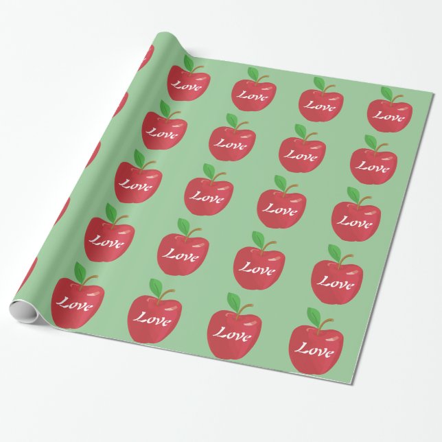 Papel De Presente Amo maçã vermelha e folha verde verde (Desenrolado)