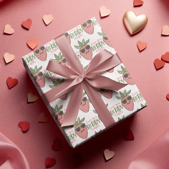 Papel De Presente Amo-Te Muito Papel De Arranjo (Let someone know that you love them, "berry much" with this cute strawberry wrapping paper! )