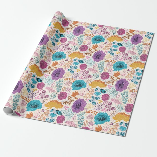 Papel De Presente Amor em Flor Floral Romântico Rosa Roxo Casamento (Desenrolado)