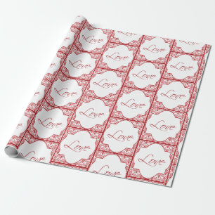 Papel De Presente Amor em moldura vermelha estilo Damask no Dia dos