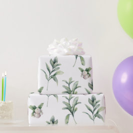 Papel De Presente Amoras de neve com aquarelas e verduras de inverno