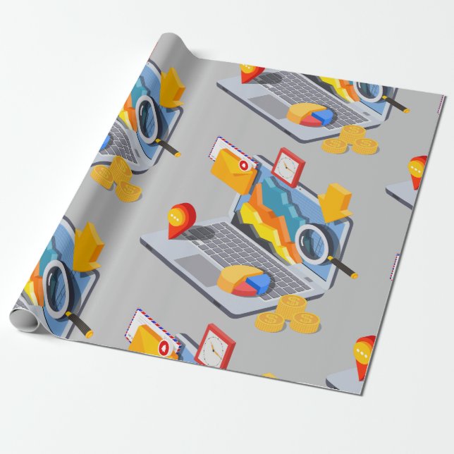 Papel De Presente Análise Isométrica de Dados de Negócios Laptop (Desenrolado)