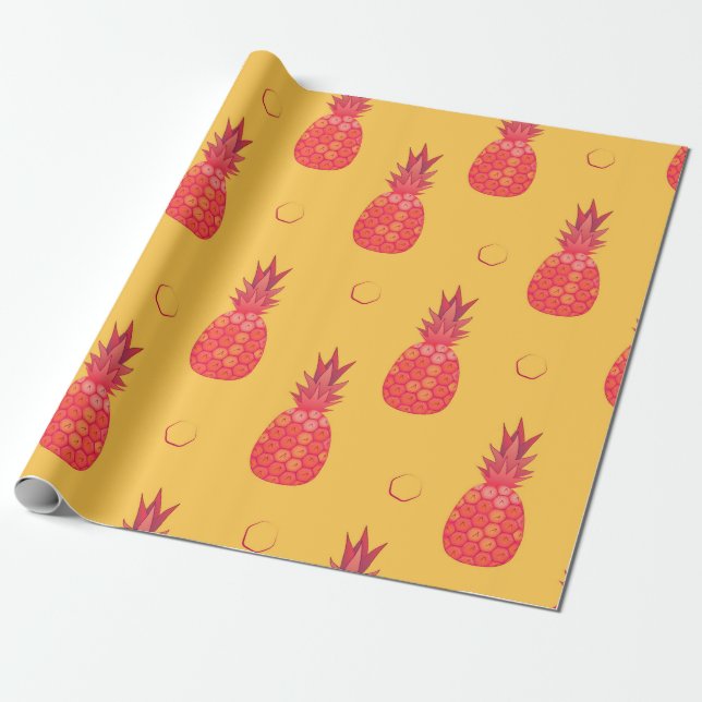 Papel De Presente Ananás rosa sobre fundo laranja. Peça sem costura (Desenrolado)