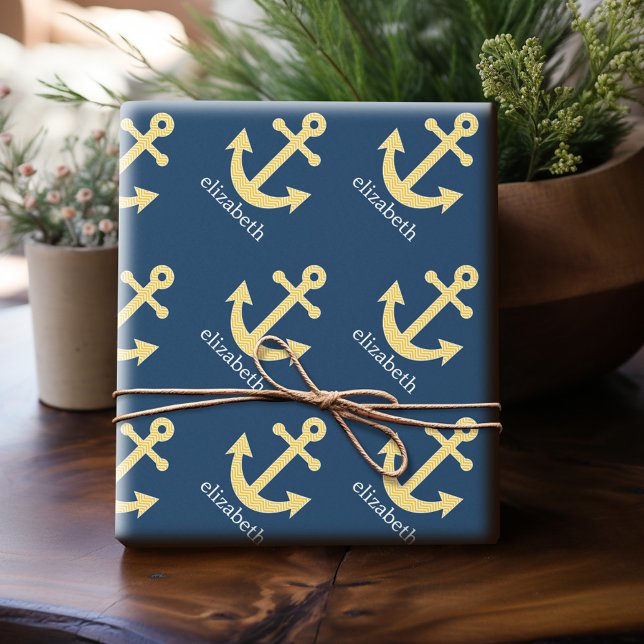 Papel De Presente Âncora Náutica com Padrão de Cevão Amarelo Marinho (Personalized Wrapping Paper)