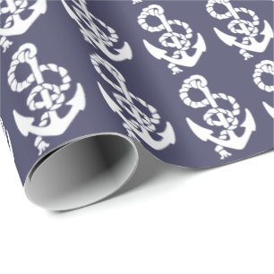 Papel De Presente Âncora Náutica E Corda Em Azul E Branco
