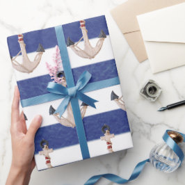 Papel De Presente Âncora Náutica Em faixas de Aquarela