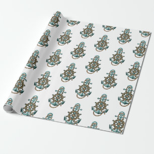 Papel De Presente Âncora Verde Náutica Tema Marítimo