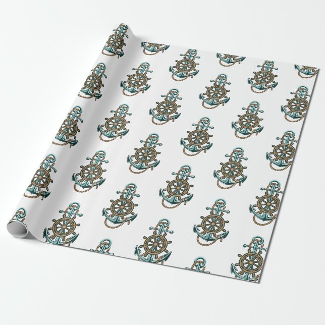 Papel De Presente Âncora Verde Náutica Tema Marítimo (Desenrolado)