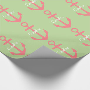 Papel De Presente Âncoras cor-de-rosa corais no verde da hortelã