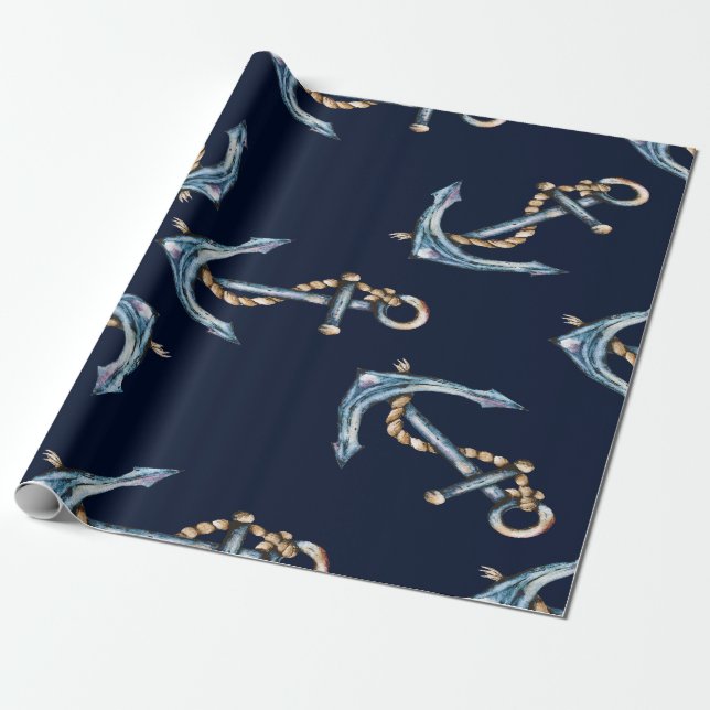Papel De Presente Âncoras de Aquarela Azul-Marinho (Desenrolado)