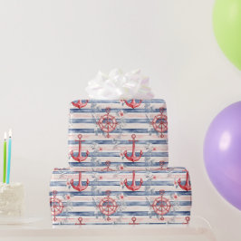 Papel De Presente Âncoras Florais Listras Azul Vermelho Praia Aniver