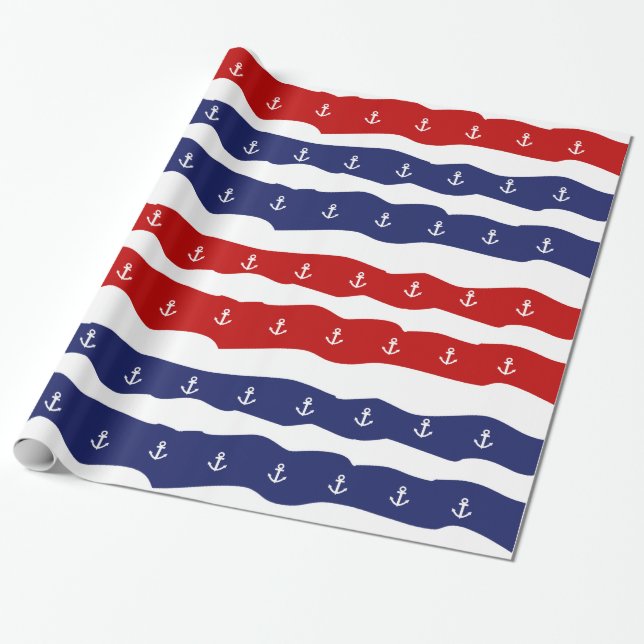 Papel De Presente Âncoras náuticas patrióticas branco e azul (Desenrolado)