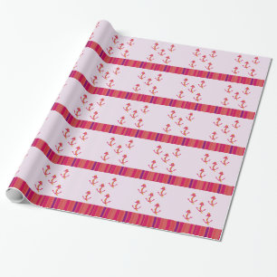 Papel De Presente Âncoras Rosa Náutico e Listras