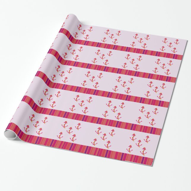 Papel De Presente Âncoras Rosa Náutico e Listras (Desenrolado)