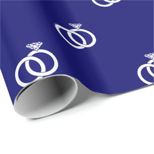 Papel De Presente Anéis de Noiva Brancos Personalizáveis sobre Azul 