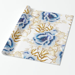 Papel De Presente Anêmona Azul e Dourada de Aquarela