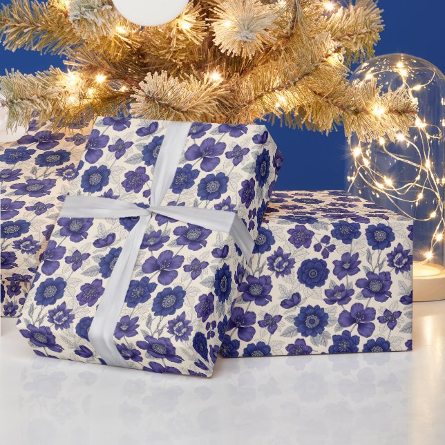 Papel De Presente Anêmona Azul-Marinho Floral Sem Costura (Feriados)