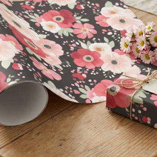 Papel De Presente Anêmona Floral Preta e Rosa Mal-humorada