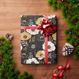 Papel De Presente Anêmonas Pretas e Mostarda Elegantes