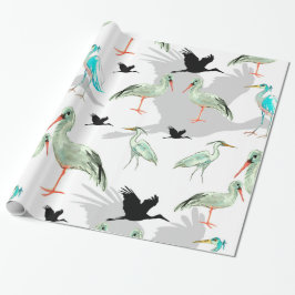 Papel De Presente Animais Aquarelas - Herão, pássaros, Azul, Egret