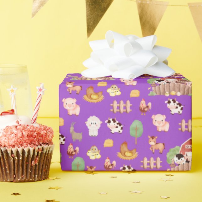 Papel De Presente Animais da exploração culinária em roxo (Festa de aniversário)