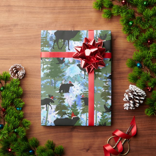 Papel De Presente Animais da Floresta com Chapéus de Papai Noel (Presente de Natal)