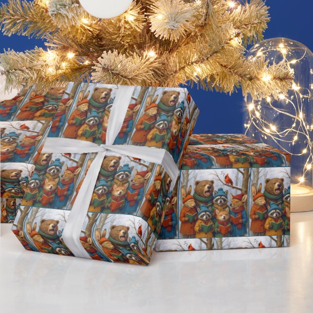 Papel De Presente Animais da Floresta de Natal Cantando  (Feriados)
