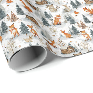 Papel De Presente Animais da Floresta e Cabines Rústicas na Neve